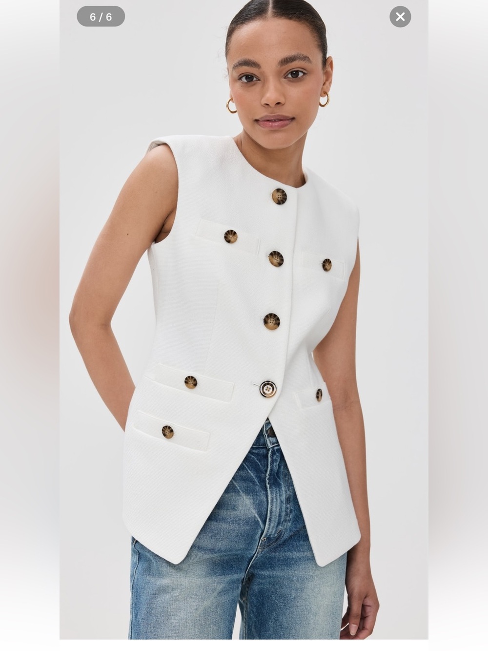 Veronica Beard Cream Textured Sleeveless Button Vest with Tortoise Buttons
